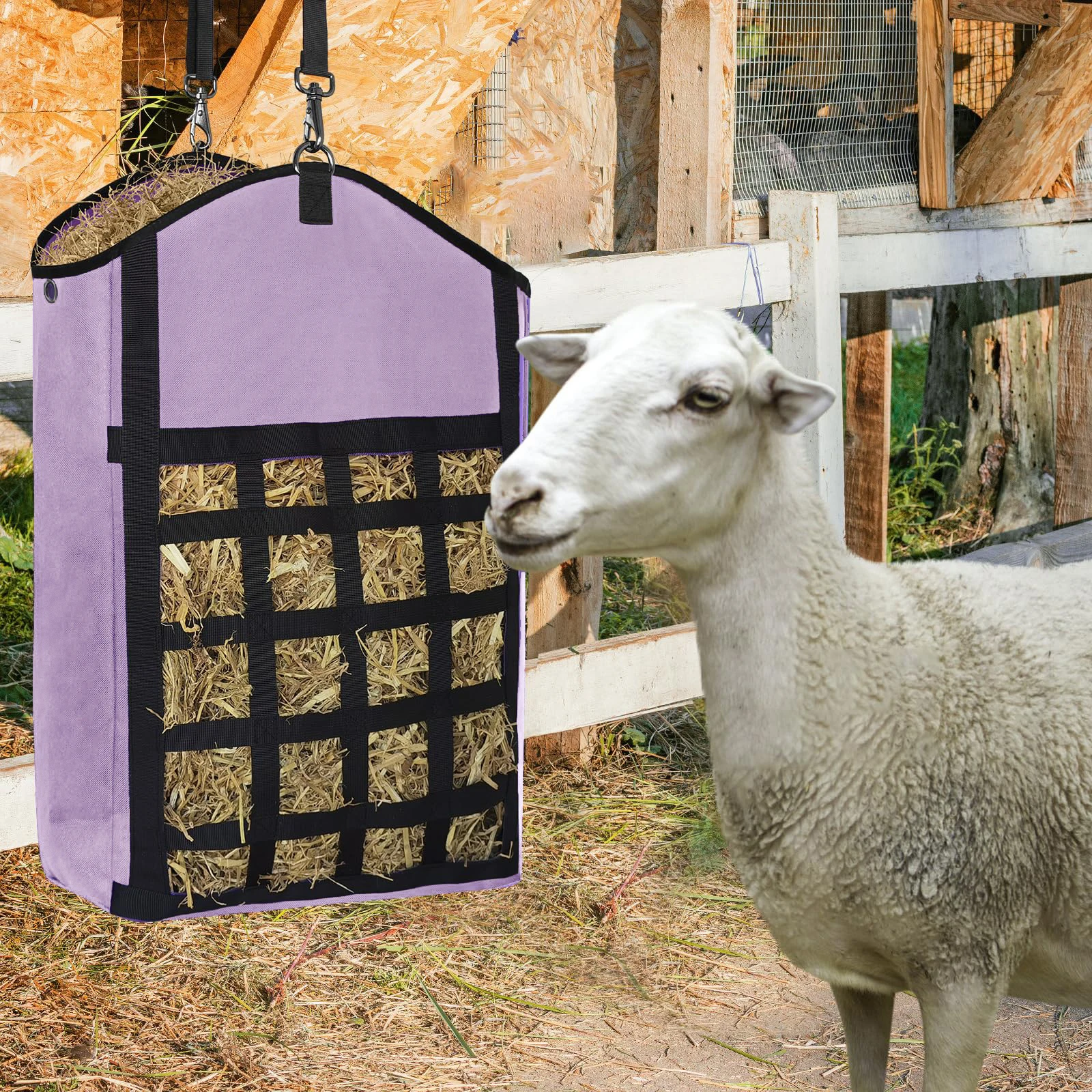 2025 عالية الجودة أكسفورد الحصان القش حقيبة تغذية بطيئة الماشية الماعز الأغنام سهلة ملء شنق الجبهة القش شبكة تصميم 1 قطعة أطباق الحيوانات الأليفة مغذيات #4