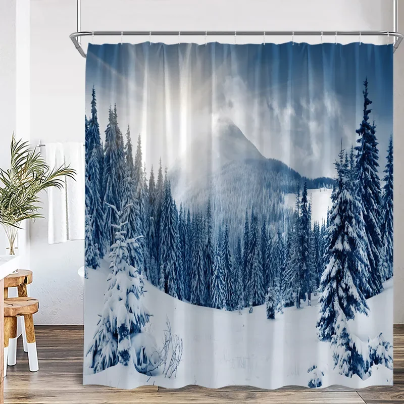 Winter Landscape Shower Curtains Brown Window Cedar Snow Mountain Nature Scenery Home Bathroom Decor Bath Curtain Set With Hooks