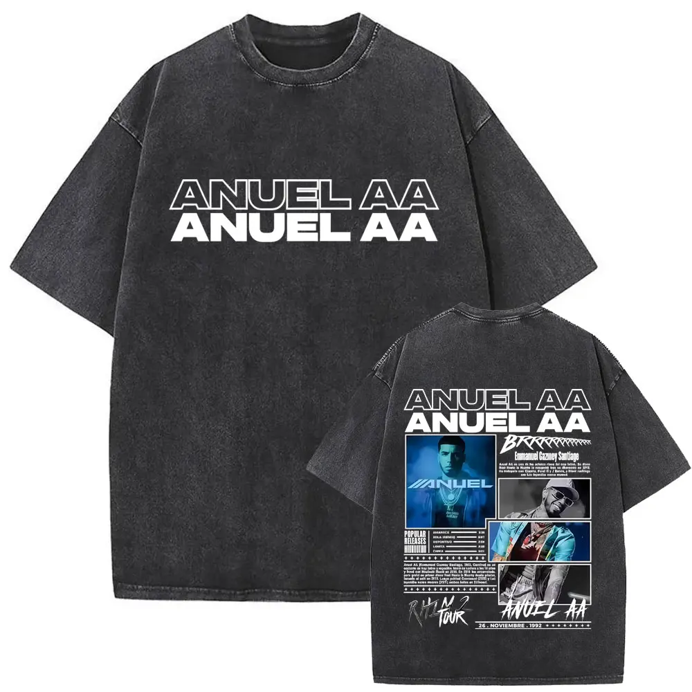 

Rapper Anuel AA Rhlm 2 Tour Washed Vintage T Shirt Men Women Hip Hop Fashion Oversized T-shirt Men's Casual 100% Cotton T-shirts