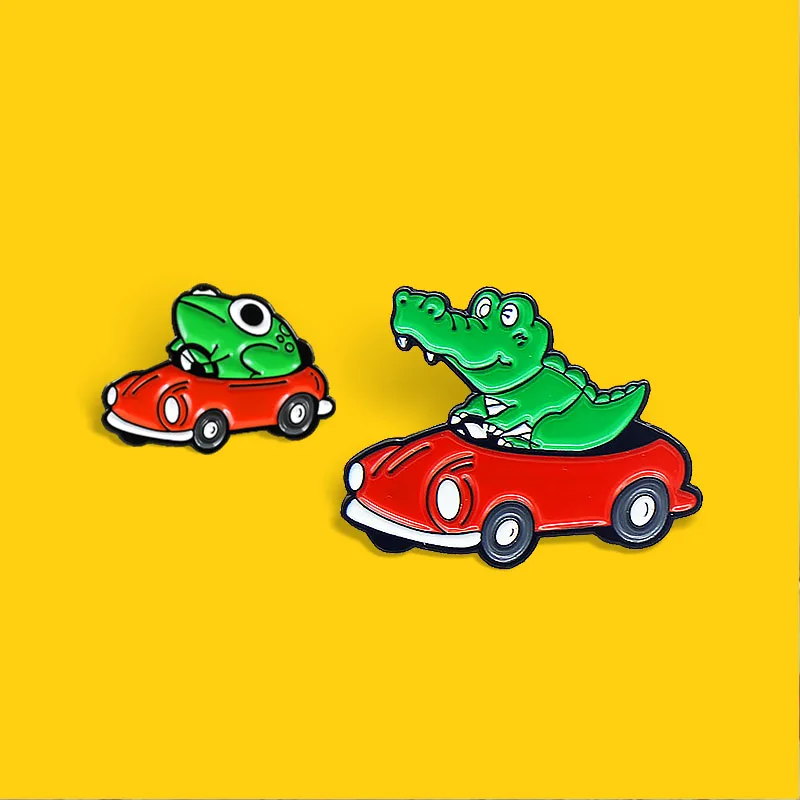 Crocodile Frog Driving Red Car Enamel Brooch A Little red car Brooches Cartoon Lapel Pin Badges Charm Trendy Jewelry For Friends