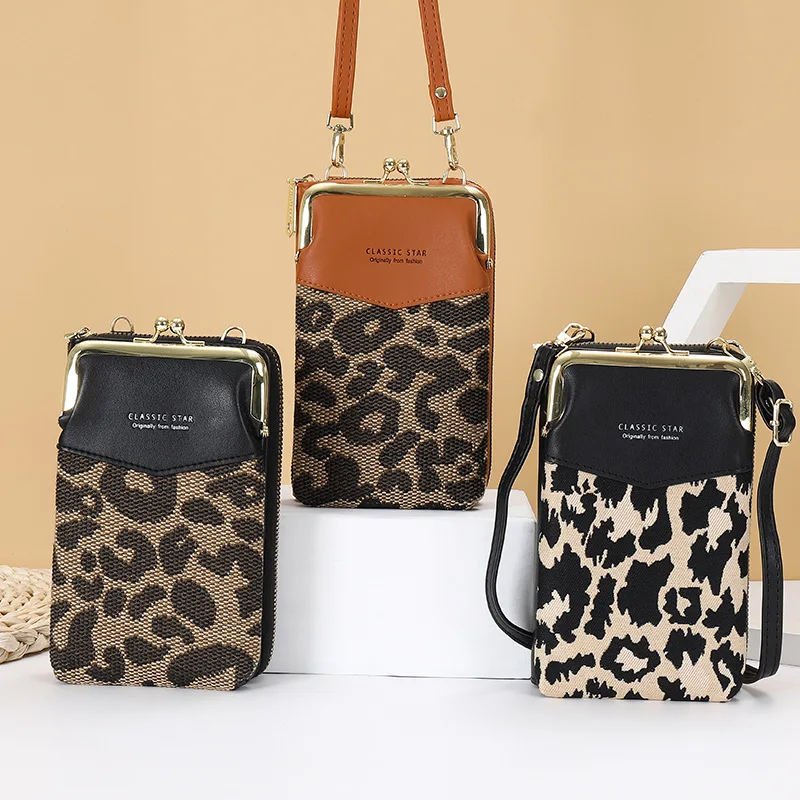 KVNIO Mobile Phone Bag Women's Retro Leopard Trend Color Matching Large-capacity Messenger Bag Fashion Zipper Long Wallet