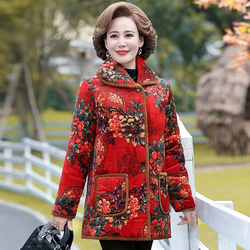 Women Plus Velvet Thicken Parker Coat Fashion Printi Mother Wear Warm Quilted Jacket New Elegant Winter Jacket Outewear Female