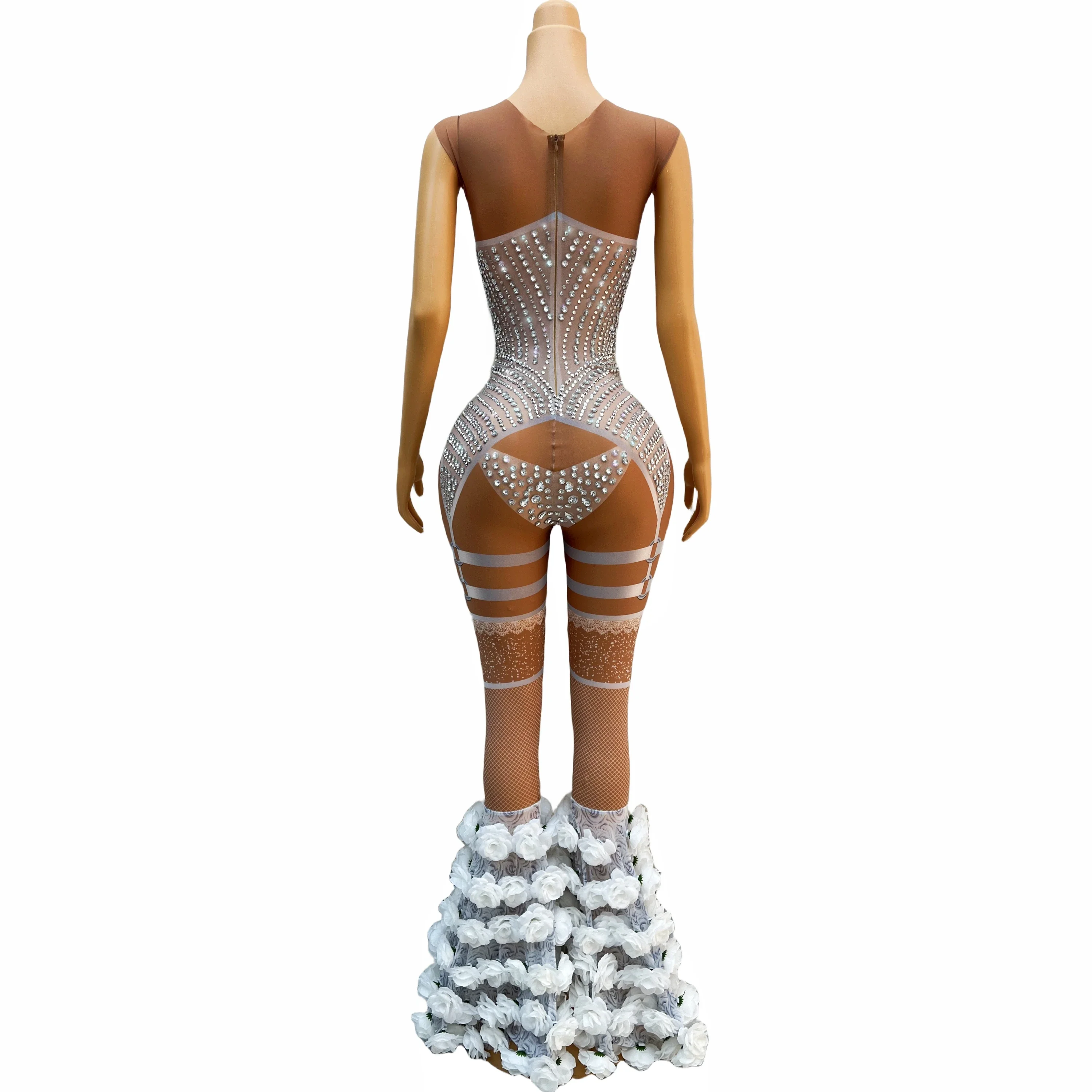 Evening Celebrate luxurious White Rose Flowers Rhinestones Jumpsuit Brown Mesh Sexy Dance Outfit Sexy Bodysuit Costume baimeigu