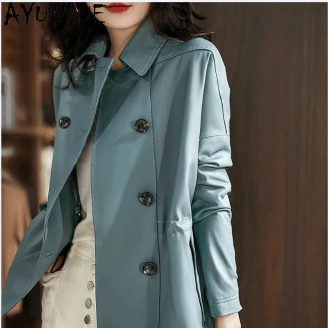 AYUNSUE 진짜 가죽 자켓 여성 가을 ​​옷 중간 길이 트렌치 코트 양피 여성 코트 더블 브레스트 Jaqueta De Couro
