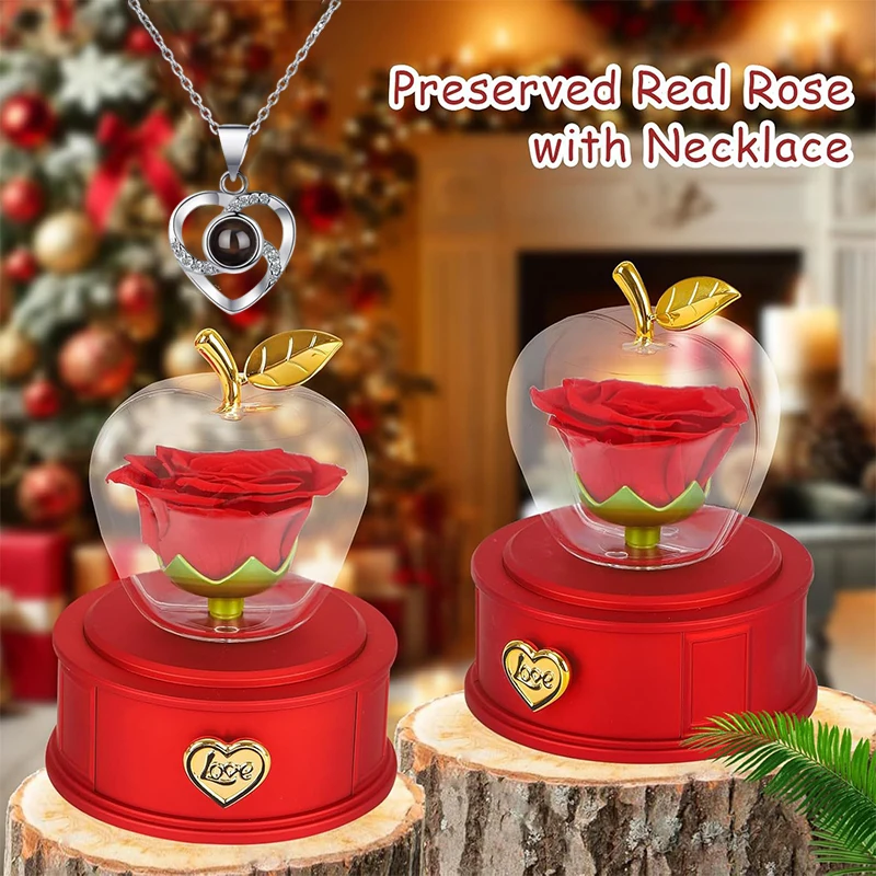 Scatola di vere rose conservata a forma di mela con collana Ti amo, regalo di fiori eterni per sempre amore per il suo compleanno, giorno dell'anniversario
