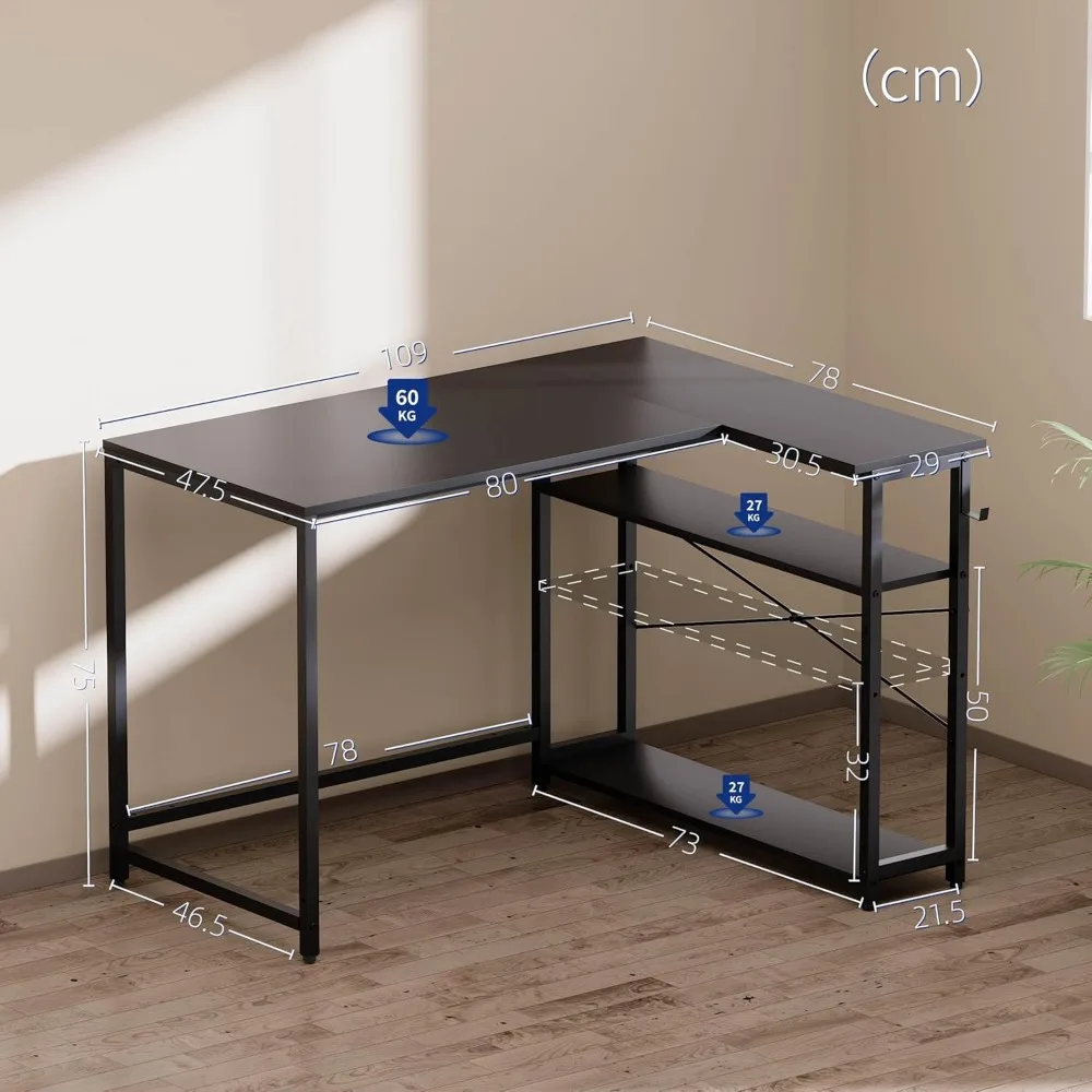 L-Shaped 43 Inch Computer Desk with Reversible Side Storage for Small Spaces, Home Office Writing Desk with Corner Space Efficie