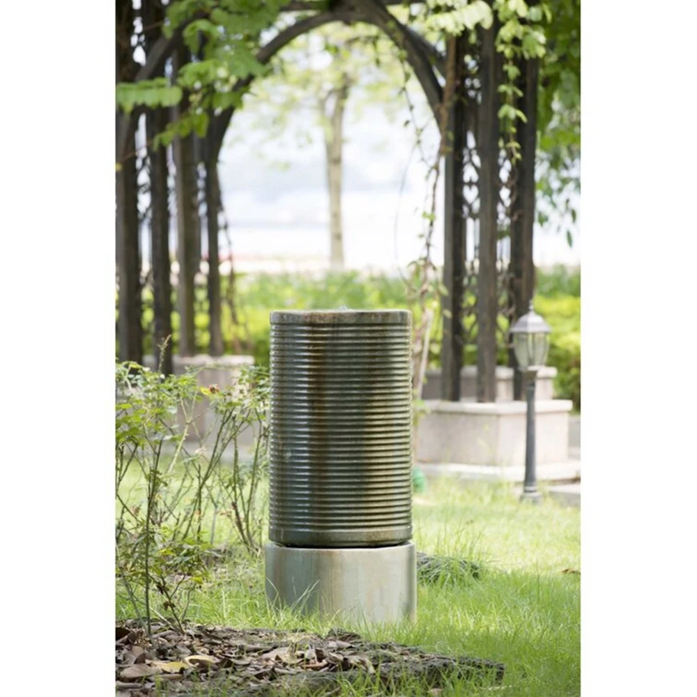 

44" Tall Large Modern Cylinder Ribbed Tower Water Fountain, Contemporary Antique Finish Outdoor Bird Bath Concrete Fountain