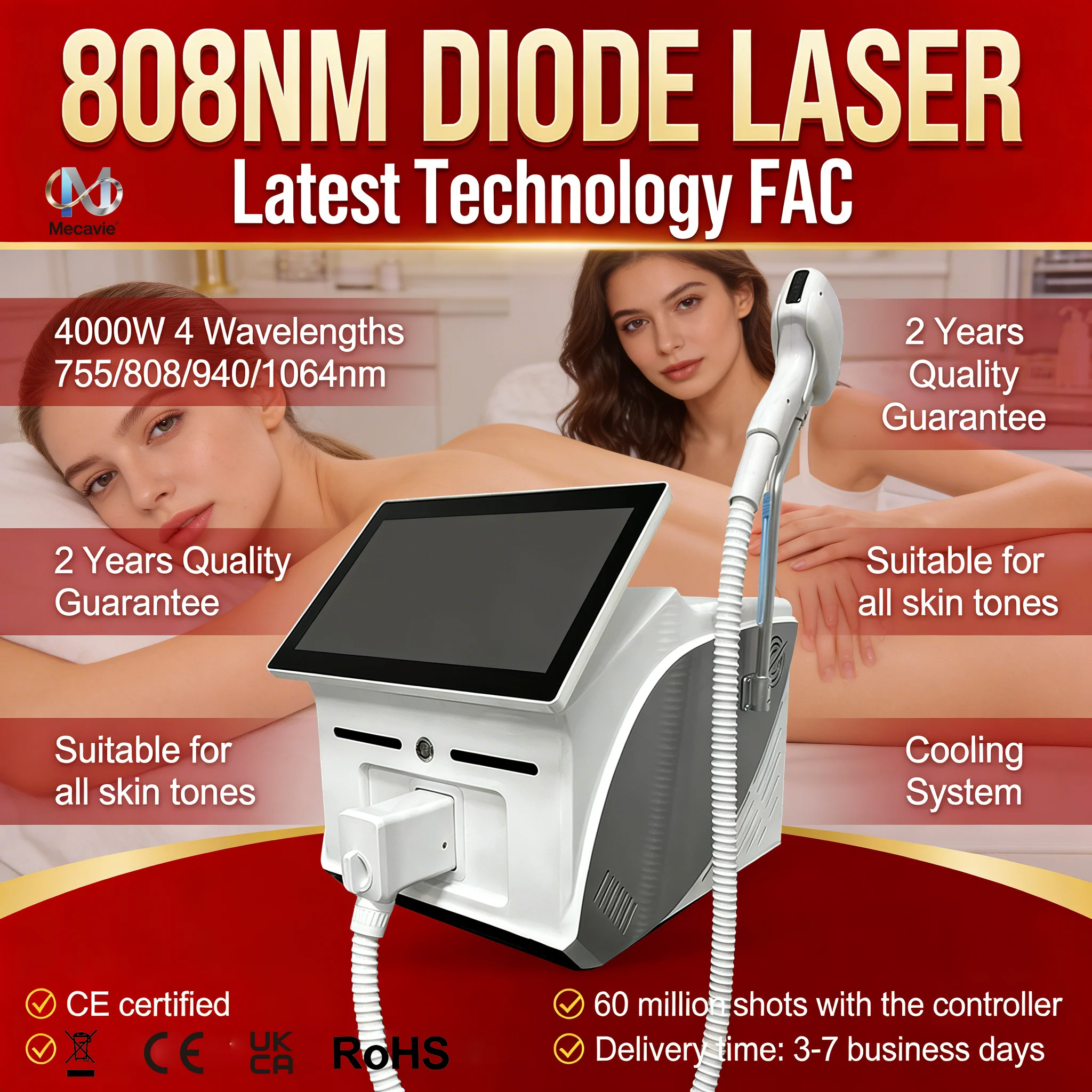 

Лазерный диодный аппарат для удаления волос 4000 Вт, 4 длины волны (808 нм, 755 нм, 940 нм, 1064 нм), безболезненный, с технологией охлаждения кожи (Freezing Point Technology) для ухода за кожей.