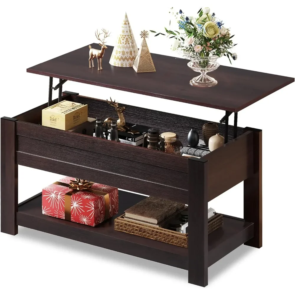 Modern Lift Top Coffee Table, Coffee Table with Storage Shelf and Hidden Compartment, Wood Lift Tabletop for Home Living Room