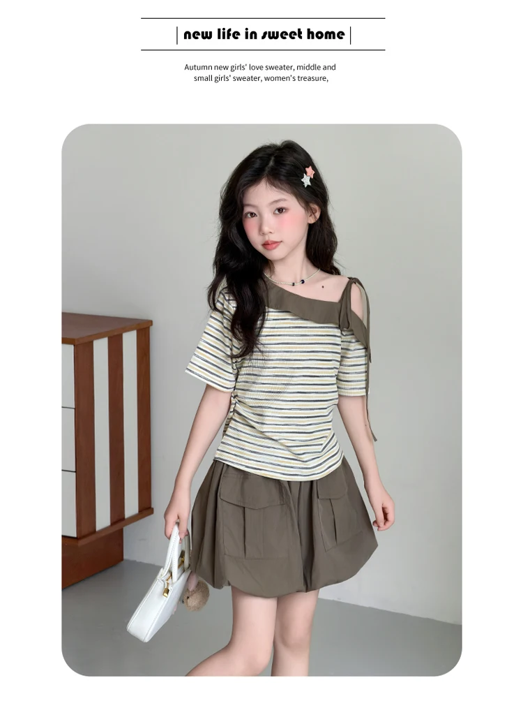 Sommer-Outfits für Teenager-Mädchen: Modisches Schulterfreies Gestreiftes Oberteil + Bloomer-Shorts, Kinderkleidung, Zweiteilige Sets, 6 8 10 12 14 Jahre – Detail 2
