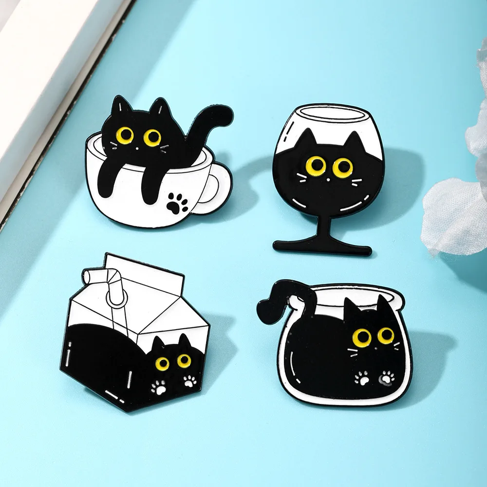 Lindos pines de solapa de esmalte de gato negro, divertidos broches de gatitos de dibujos animados en forma de taza/copa de vino/caja de leche, para decoración DIY de mochilas y ropa