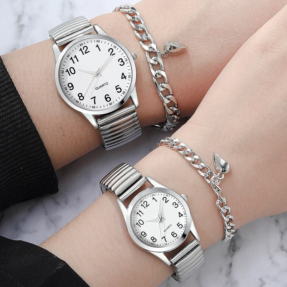 4pcs Silver Couple Quartz Watch Magnetic Heart Bracelet For Couple Fashion Creative Leisure Round Watch Dial Dainty Bracelet Set