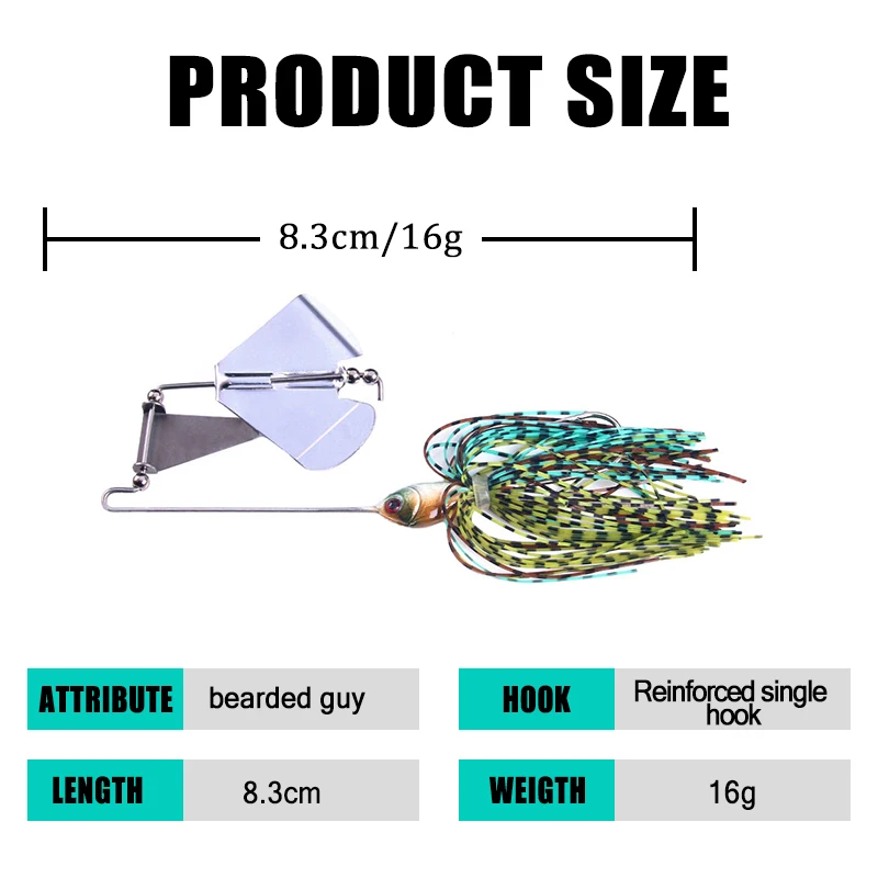 Wholesale 16g Metal Rotating Sequined Bearded Spoon Fishing Lures Buzz Spinner Baits with Silicone Skirts