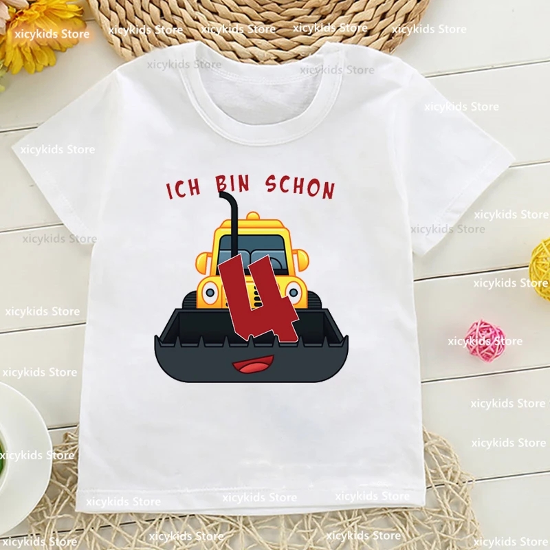 Funny T-shirt for cute boys bulldozer and fire truck birthday number cartoon print T-shirt birthday parties for kids custom name