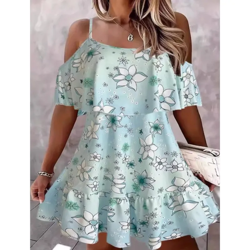 2025 verão nova moda feminina vestidos boêmio flor impressão elegante vintage ombro frio plissado suspender vestidos femininos