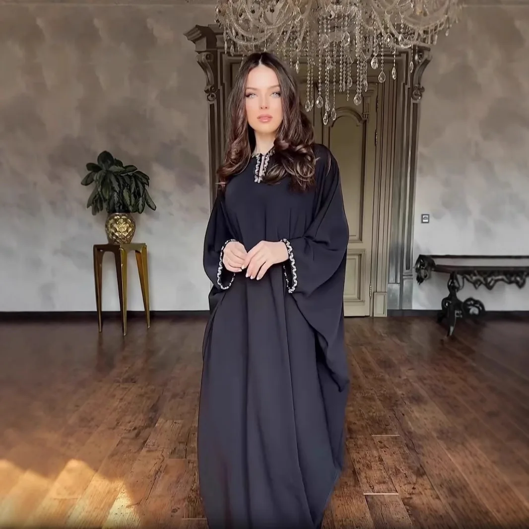 

Черное платье для выпускного вечера из Саудовской Аравии с роскошными кристаллами и длинными рукавами, длинные вечерние халаты трапециевидной формы, осеннее вечернее платье для гостей