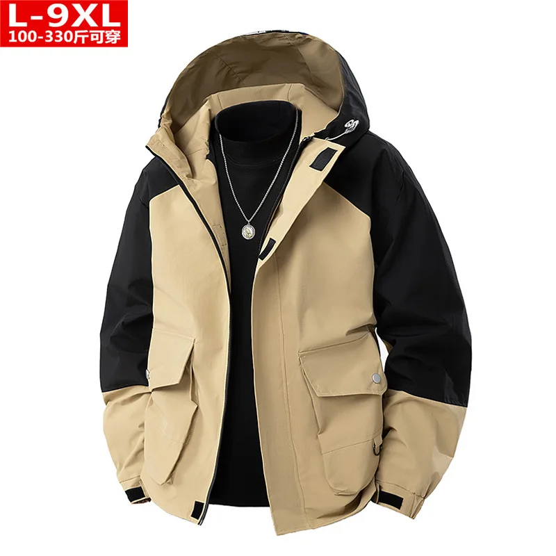 Patchwork Jacket Men 8XL Plus Size Cargo Jacket Spring Autumn Hooded Coat Fashion Casual Camp Outerwear Big Size 8XL