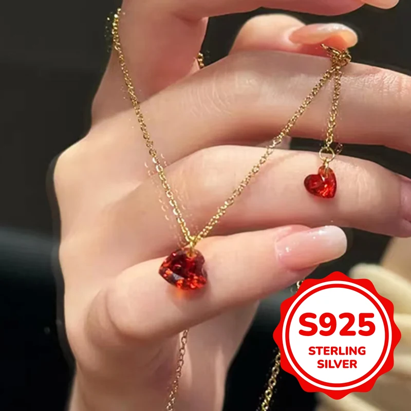 

s925 sterling silver red double heart water drop necklace for women light luxury classic elegant fashion retro simple casual