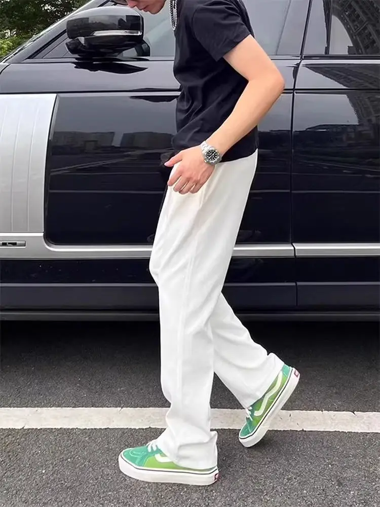 

White High Waist Trousers Men's Sle Casual High Street Faion Cotton Polyester Blend Long Pants Summer Season Faion
