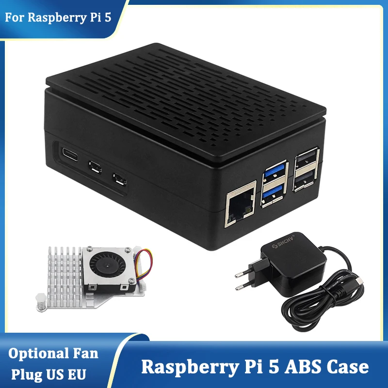 Raspberry Pi 5เคส ABS สีดำเคสป้องกันสีเงินอุปกรณ์เสริม PWM พัดลมทำความเย็นปลั๊ก EU สำหรับ Raspberry Pi 5 RPI 5