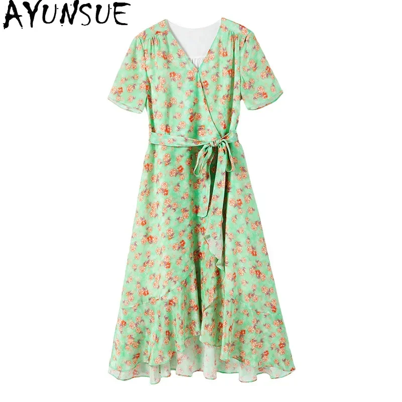 

AYUNSUE 100% Real Mulberry Silk Dress Luxury Long Dresses 2024 Women Summer Elegant Fashion Womans Clothing Slim Vestido Verde