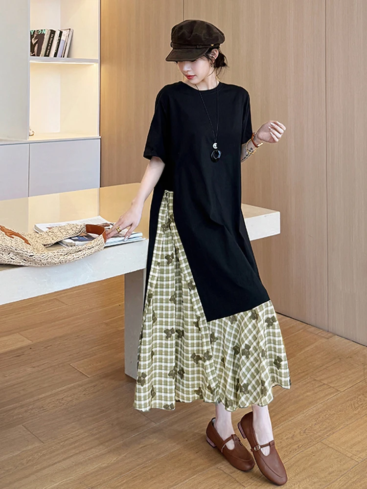 NYFS Vestido de verão 2025 estilo coreano feminino solto plus size manga curta patchwork xadrez flores bainha vestido longo robe elbise