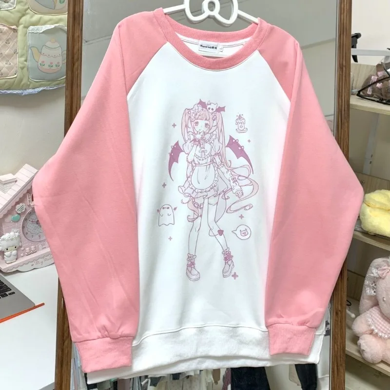 High Quality Cotton Raglan Sleeve O-neck Hoodies Japan Grunge Anime Girl Print Cute Sweatshirt Pullover Loose Oversized Pullover