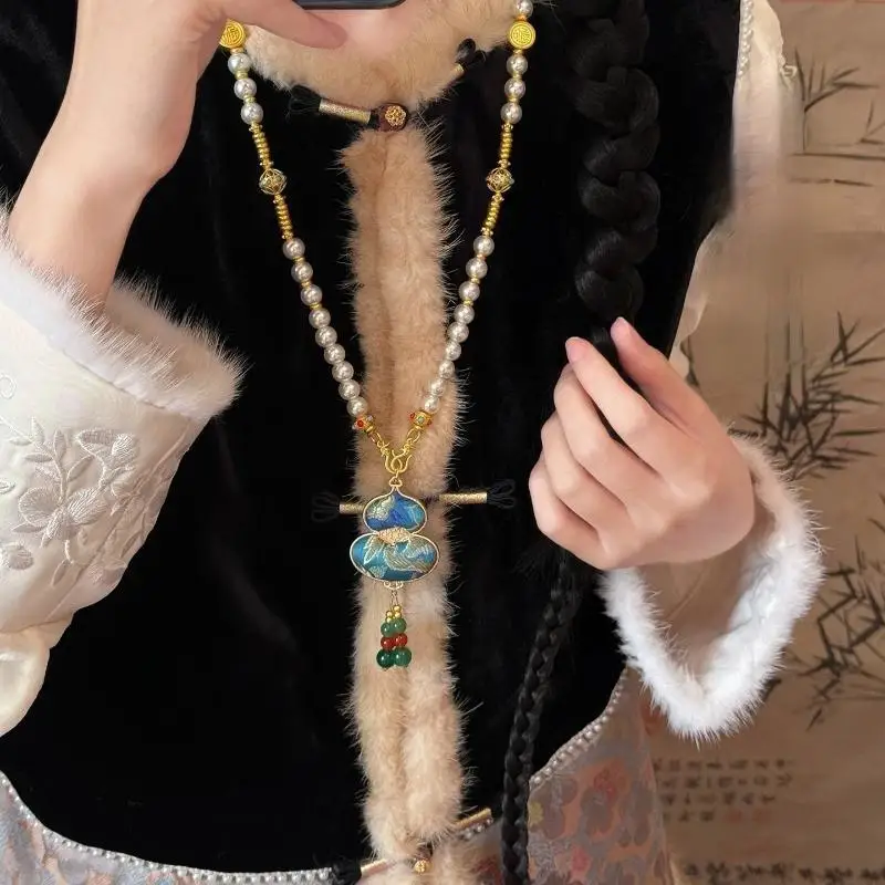 Advanced Song Brocade Gourd Necklace Beads Tassels Chinese Style Necklace Sweater Chain Alloy Pearl Long Sweater Chain