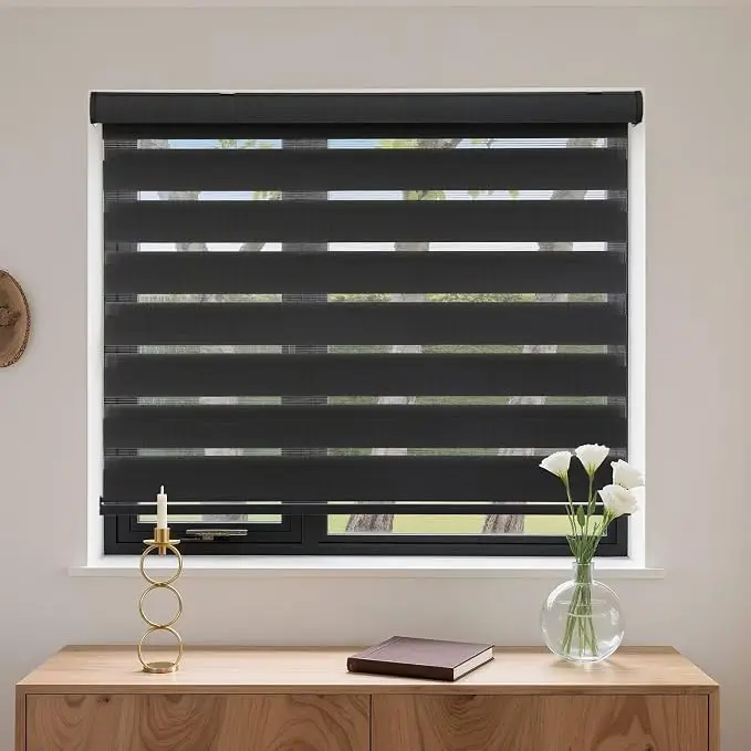 Custom Cordless Squre Valance Light Filtering Blackout Heat Insulation Protect Privacy Manual Spring Zebra Blinds For Bedroom