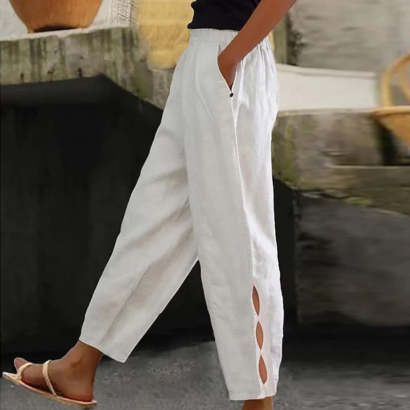 Vintage Fashion Solid Cotton and Linen Pants Women Spring Elastic Waist Pocket Button Trousers Summer Bottoming Hollow Out Pants