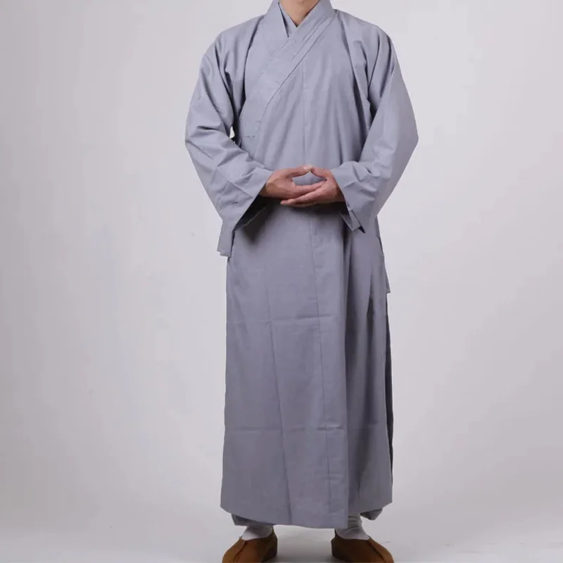 Gray Brown Adults Monks Meditation Robes and Gown Buddhism Men Taichi Kung fu Traditional Buddhist Haiqing Clothing Long Robe OA