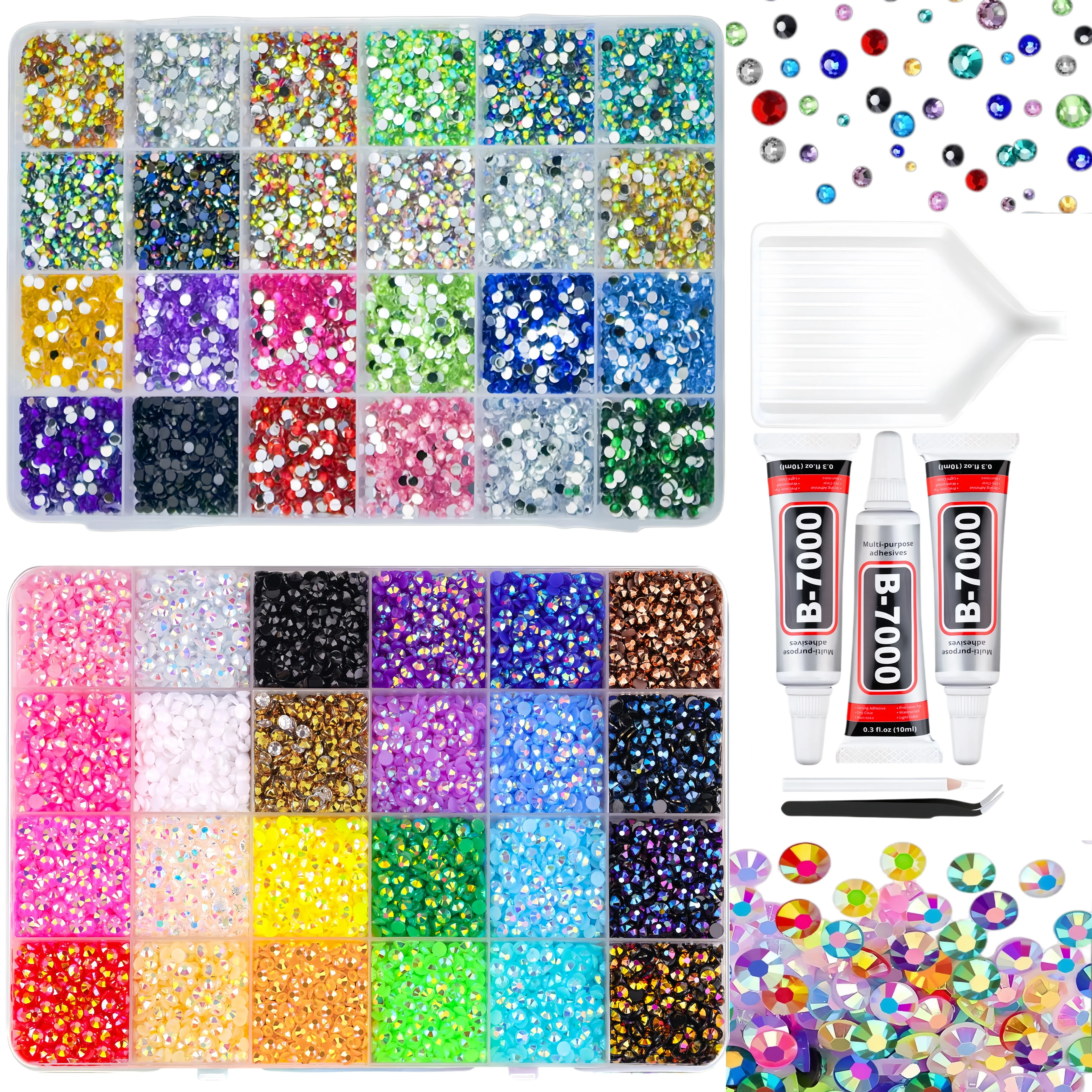 Kit de 48 Colores, 32000/48000 Piezas de Diamantes de Imitación Planos AB y Jelly de 3mm para Arte con Diamantes, Manualidades, Decoración de Uñas, Teléfonos, Ropa + Herramienta