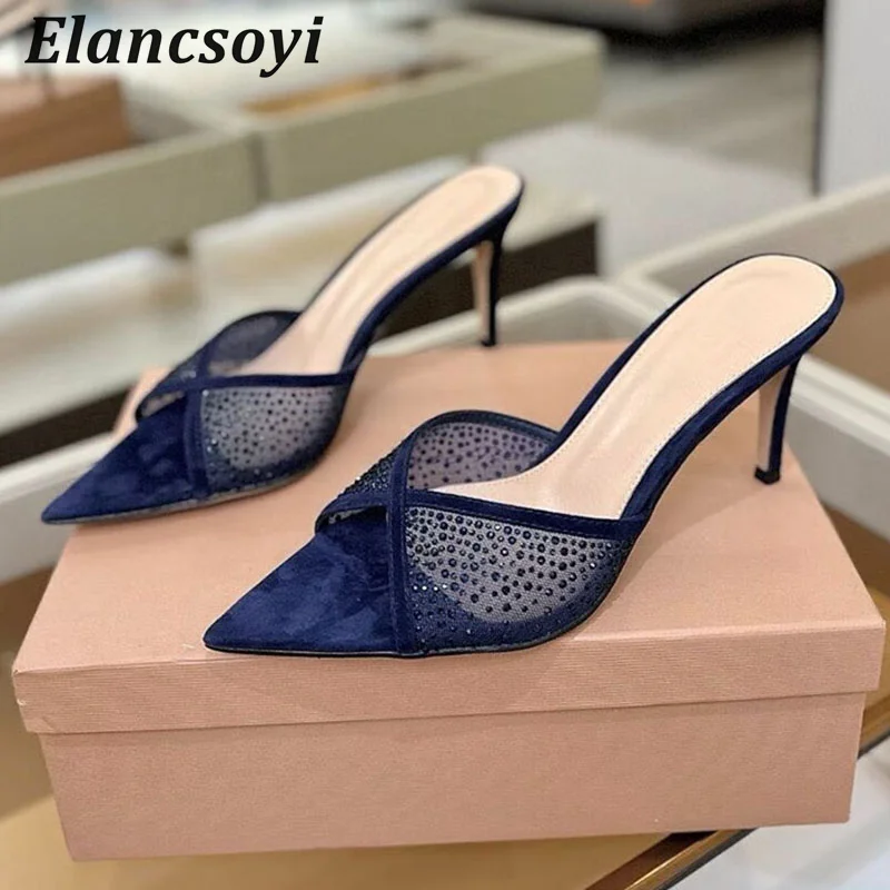 Slippers Women's Pumps Rhinestone Mesh High Heels Pointed Toe Thin Heels Lazy Sandals Summer Sexy Outdoor Vacation Shoes 2025
