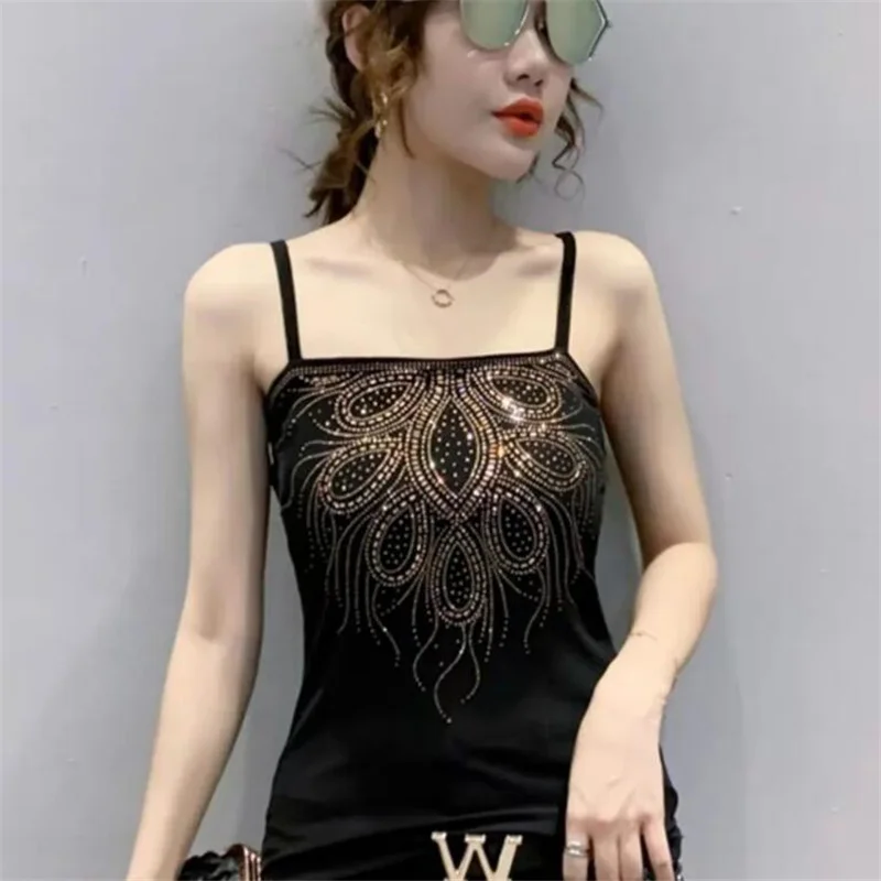 Hot Drill Camisole Women Sleeveless Sling Top Summer Fashion Female Clothing Shiny Diamond Tank Top Sexy Backless Woman Camis