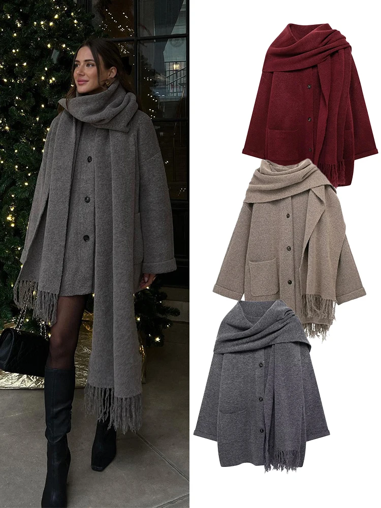 TRAFZA Woman Winter Fashion Solid Scarf Collar Decorate Casual Loose Jacket Top Women Long Sleeve Single Breasted Knitted Coat