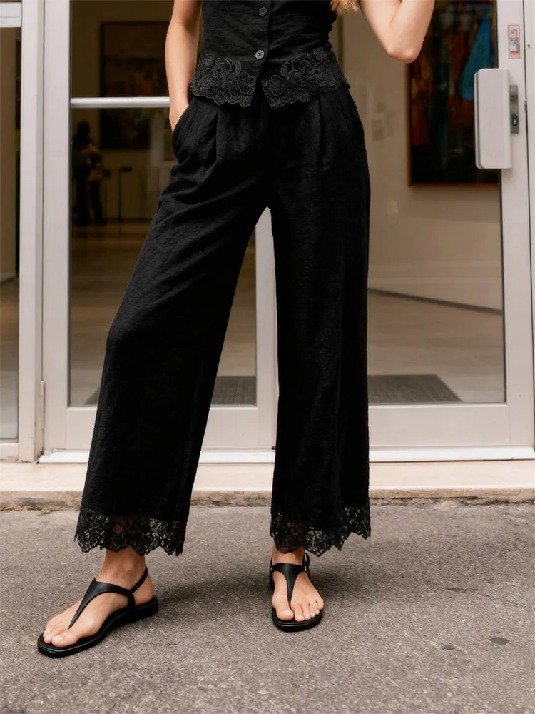 CHRONSTYLE กางเกงสตรีฤดูใบไม้ผลิฤดูใบไม้ร่วงแต่งลูกไม้ลำลองทรงหลวมมีสไตล์สีทึบกางเกงขาตรงเอวกลาง