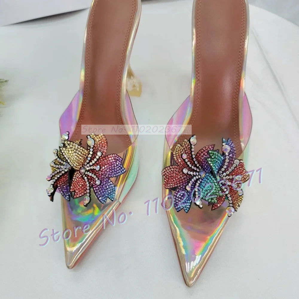 Crystal Flowers Pvc Slippers Women Colorful Pointy Bling Wine Glass Heel Shoes Summer Casual Outfit Multicolor Evening Mules