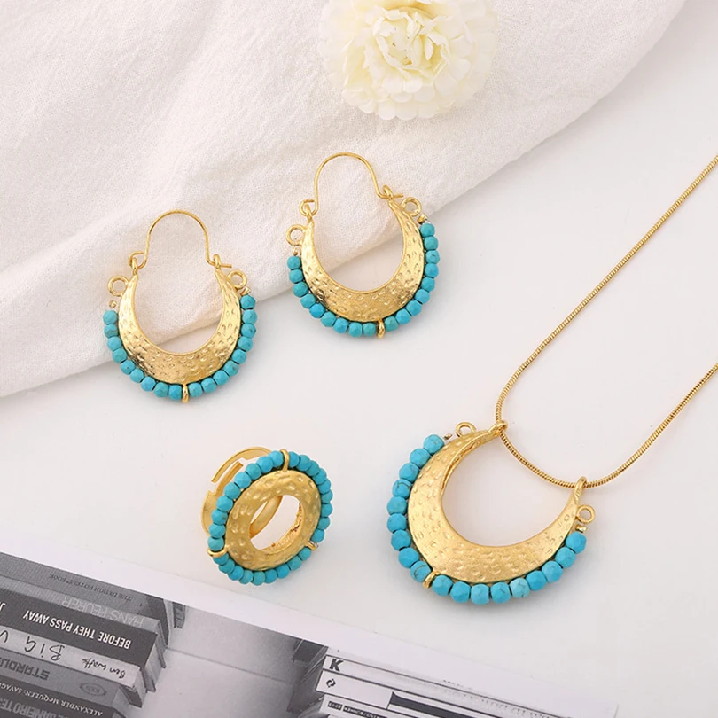 Moon french style necklace earring ring 3 piece set Exquisite Golden sapphire Chain Necklace Ladies Wedding Party Jewelry Gift