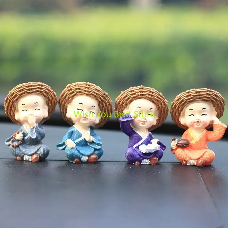 Cute Car Supplies Straw Hat Four No Little Monks Instrument Panel Doll Decoration