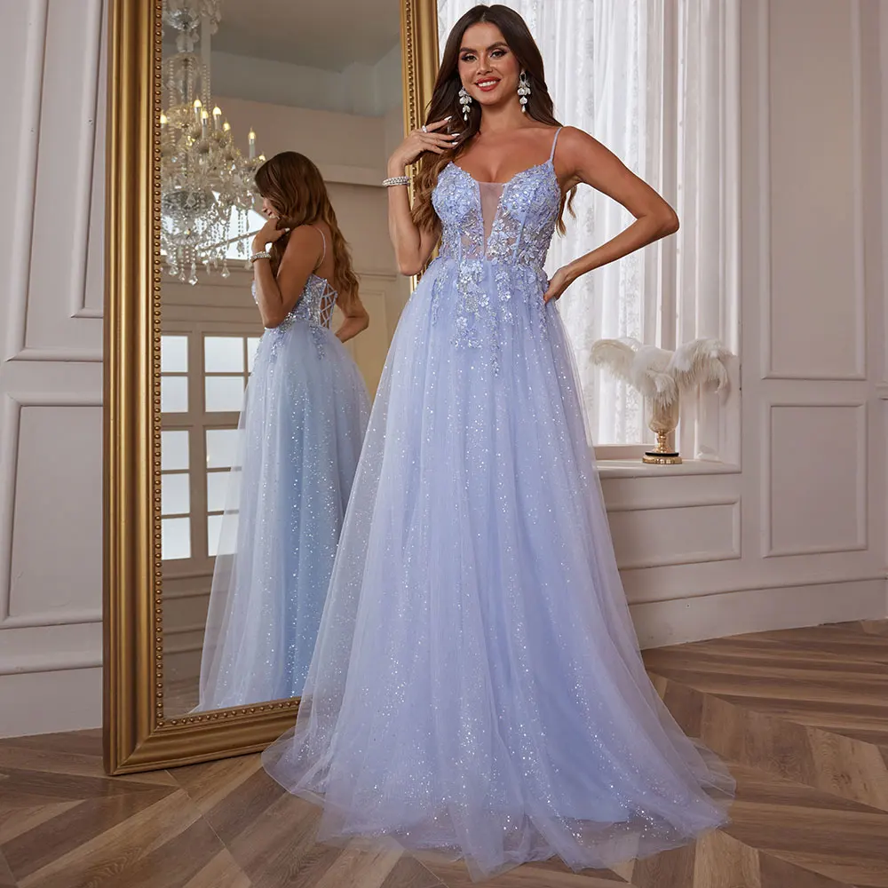 Elegant Tulle Lace Evening Gowns For Women Formal Beaded Prom Dresses Long Ball Gown With Train Homecoming Birthday Party Gown