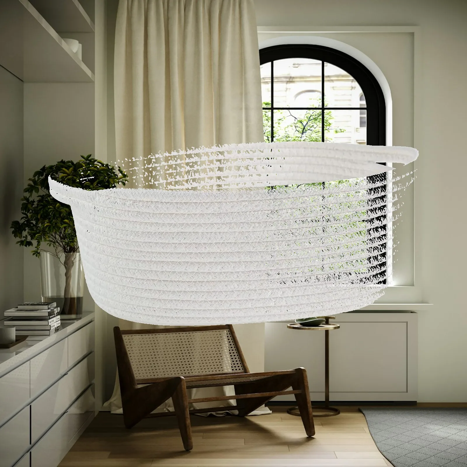 Cesto de armazenamento independente, feito de corda de algodão trançada, com alças, ideal para organizar maquiagem, perfumes, brinquedos e como elemento decorativo para prateleiras de quartos de bebê.
