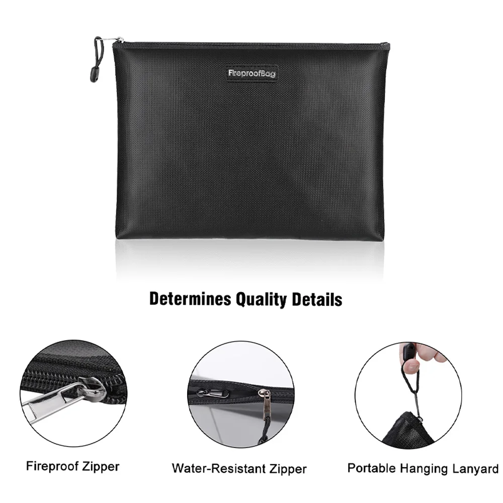 Document Storage Bag Fireproof Waterproof ID Organizer Bag Black Zipper Pouch Holds A4 Legal Documents