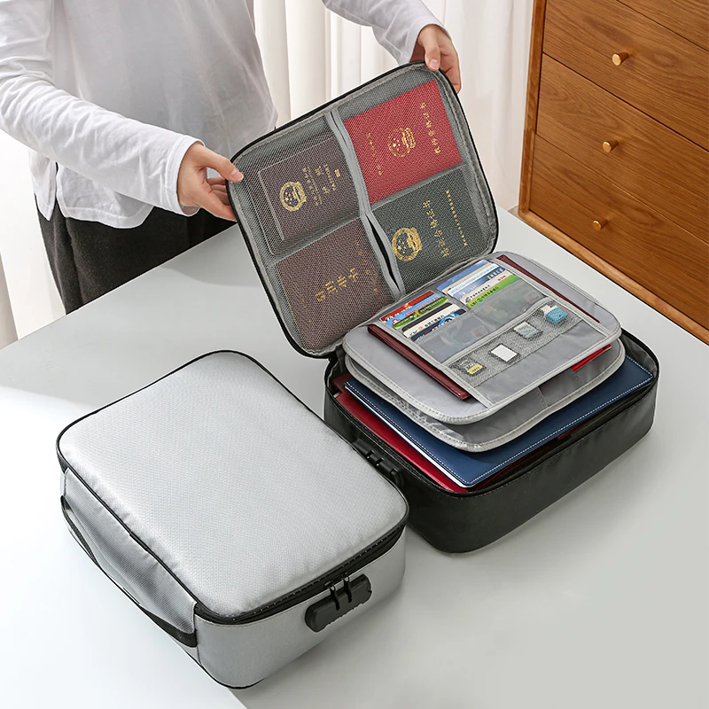 Multi-Layer Portable File Storage with Lock for Important Passport Certificates Waterproof Organizer Fireproof Document Bag