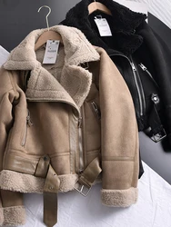 Ailegogo hiver femmes épais chaud daim agneau veste courte moto marron manteaux Faux peau de mouton en cuir vestes vêtements d'extérieur