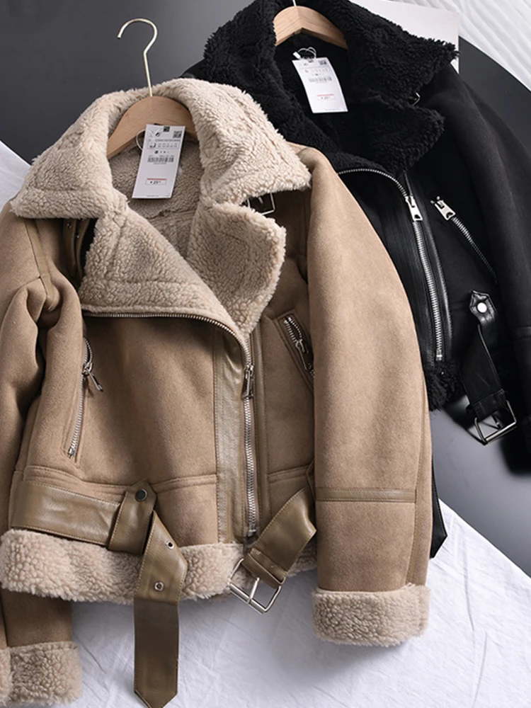 Ailegogo zimowe damskie grube ciepłe zamszowe kurtki jagnięce krótkie motocyklowe brązowe płaszcze Faux Shearling kurtki ze skóry owczej znosić