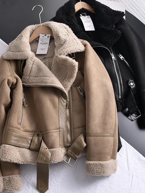 Ailegogo zimowe damskie grube ciepłe zamszowe kurtki jagnięce krótkie motocyklowe brązowe płaszcze Faux Shearling kurtki ze skóry owczej znosić