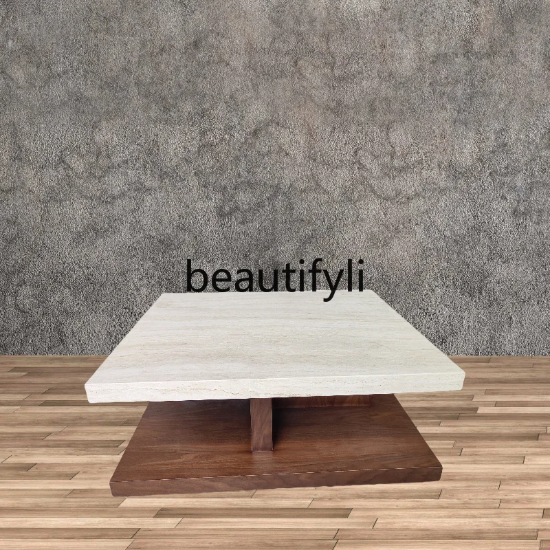 

Vintage Wabi-Sabi Style Natural Marble Travertine Coffee Table Italian Minimalist Living Room Square Coffee Table