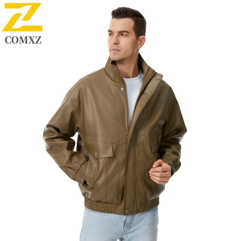 

COMXZ Men Leather Jacket 2025 Classic Baseball Collar American Style Lightweight Coat Zipper Decoration Windproof Autumn Clothes