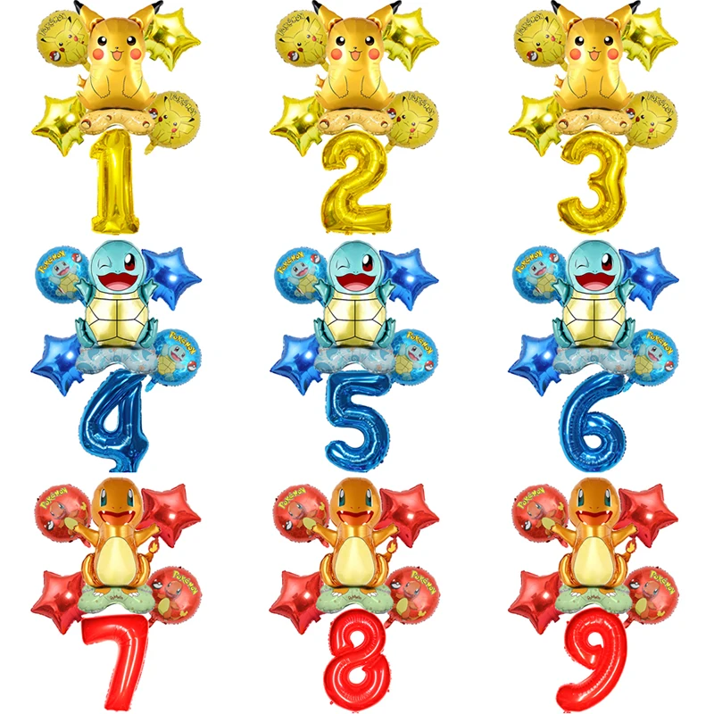 6pcs Cartoon Pokemon Pikachu aluminum foil balloon for childrens party Charmander Squirtle Bulbasaur birthday balloon decoration