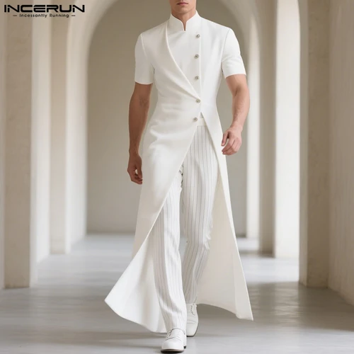 Imagen 2 del producto INCERUN, chaqueta de estilo largo para hombre, cuello levantado, manga corta, trajes masculinos elegantes, ropa de calle, abrigos finos informales a la moda con botones 2025 para hombre
